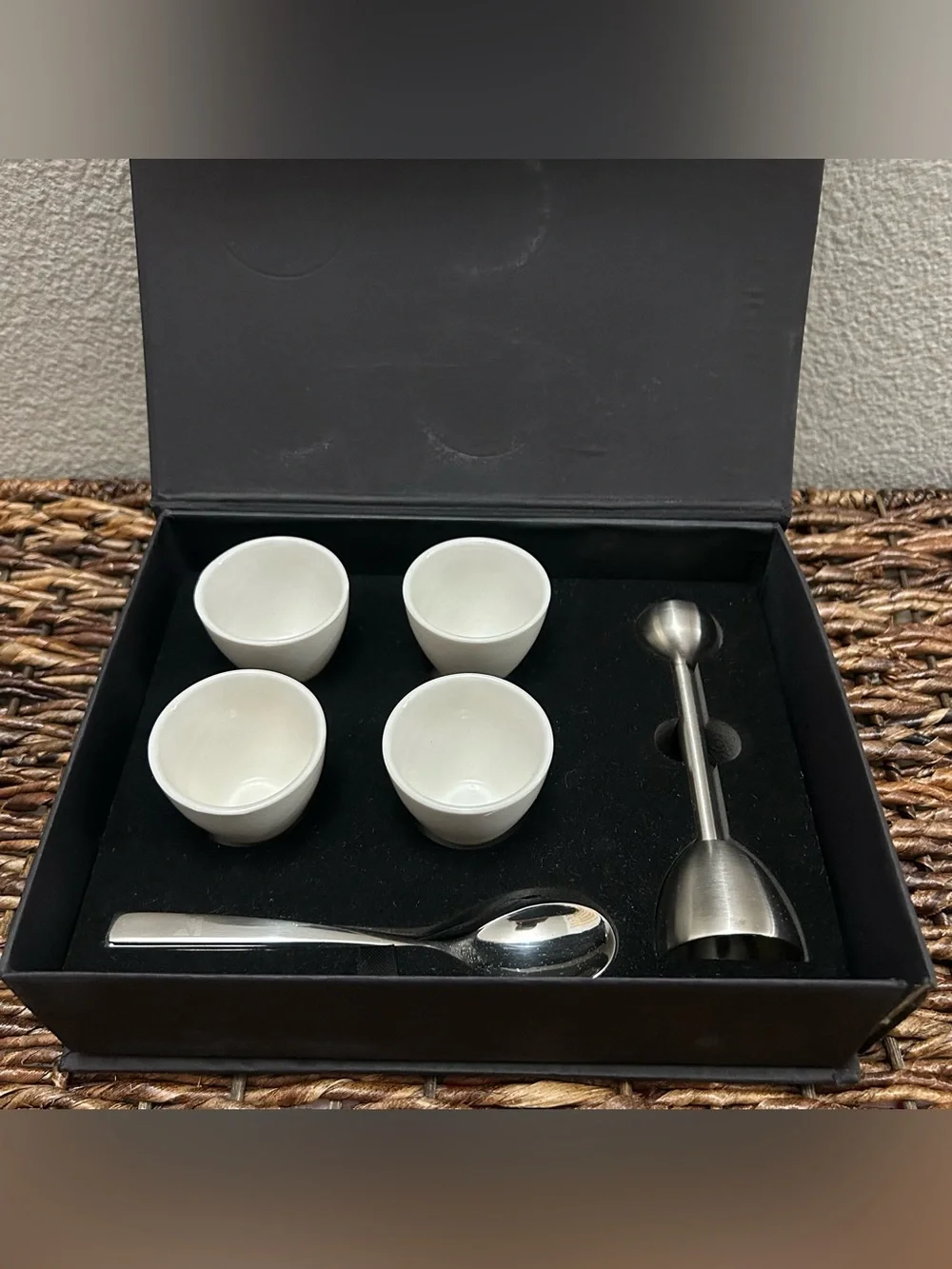 White Ceramic Egg Cups with Stainless Steel Spoon and Yolk Separator - Set of 4
